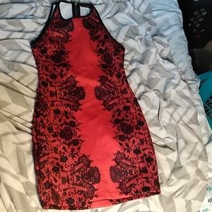 A black and red floweral dress.